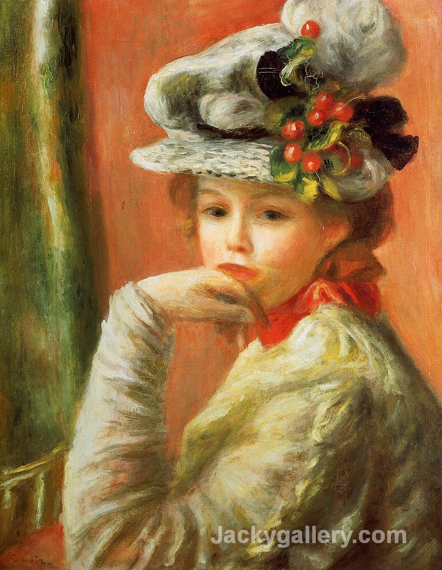Young Girl in a White Hat by Pierre Auguste Renoir paintings reproduction
